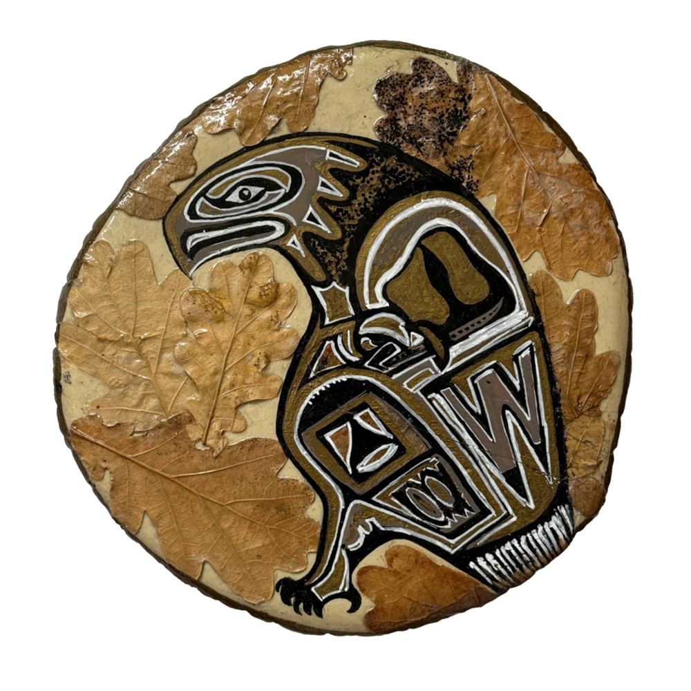 Owl & Leaves Wood Slab Painting